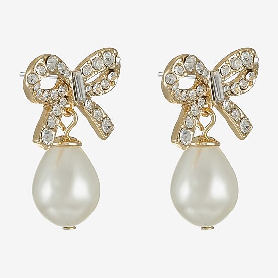 Monet Jewelry Gold Tone Womens Glass Simulated Pearl Bow Hypoallergenic Drop Earrings