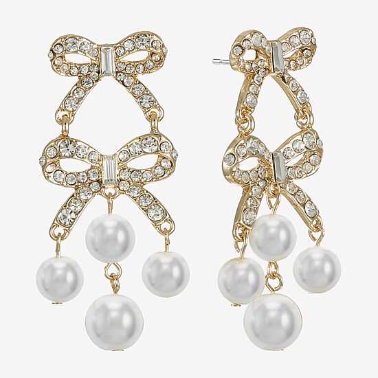 Monet Jewelry Gold Tone Womens Glass Simulated Pearl Bow Hypoallergenic Chandelier Earrings
