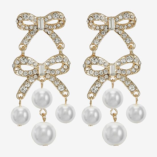 Monet Jewelry Gold Tone Womens Glass Simulated Pearl Bow Hypoallergenic Chandelier Earrings