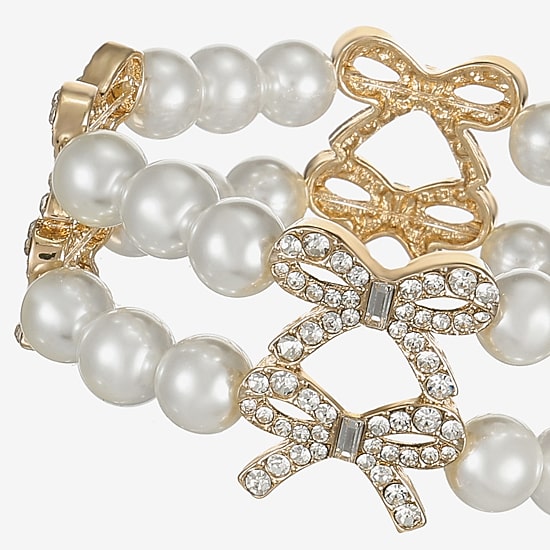 Monet Jewelry Gold Tone Womens Glass Simulated Pearl Bow Stretch Bracelet