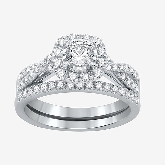 I Said Yes (H-I / I1) Womens 1 CT. T.W. Lab Grown White Diamond Sterling Silver or 14K Gold Over Silver Round Cushion Side Stone Halo Bridal Set