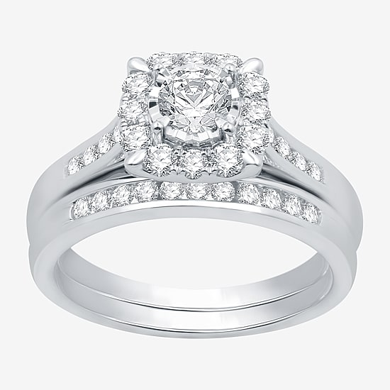 I Said Yes (H-I / I1) Womens 1 CT. T.W. Lab Grown White Diamond Sterling Silver or 14K Gold Over Silver Cushion Side Stone Halo Bridal Set