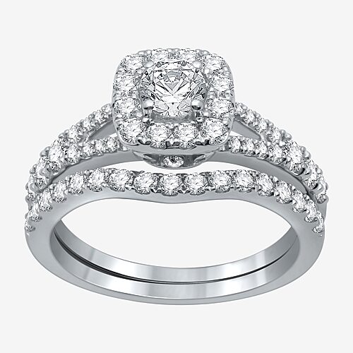 I Said Yes (H-I / I1) Womens 1 1/4 CT. T.W. Lab Grown White Diamond Sterling Silver or 14K Gold Over Silver Cushion Side Stone Halo Bridal Set, 9, Ste