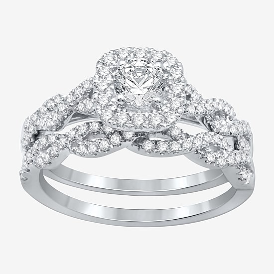 I Said Yes (H-I / I1) Womens 1 CT. T.W. Lab Grown White Diamond Sterling Silver or 14K Gold Over Silver Cushion Side Stone Halo Bridal Set