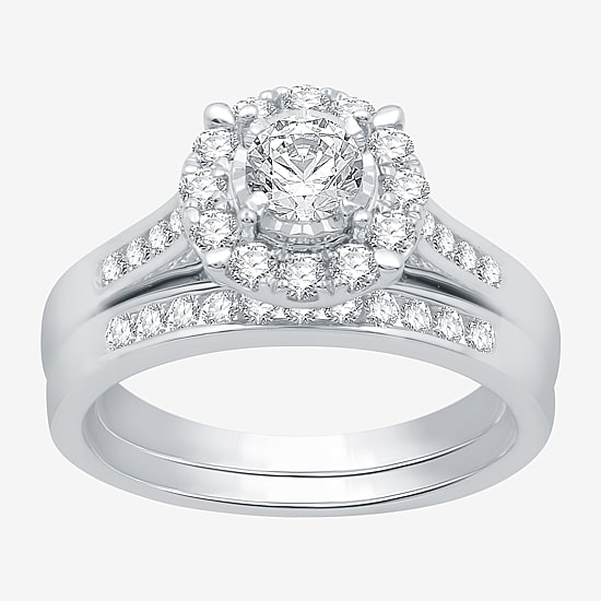 I Said Yes (H-I / I1) Womens 1 CT. T.W. Lab Grown White Diamond Sterling Silver Round Side Stone Halo Bridal Set