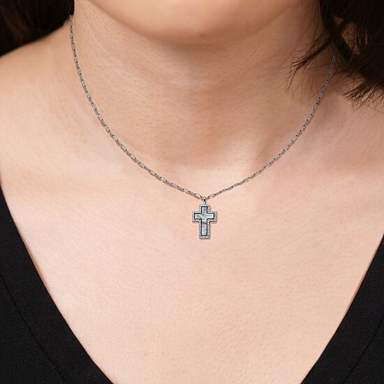 Womens 1 1/8 CT. T.W. White Mother Of Pearl Sterling Silver Cross 17 Inch Pendant Necklace