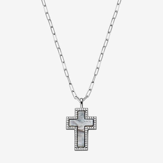 Womens 1 1/8 CT. T.W. White Mother Of Pearl Sterling Silver Cross 17 Inch Pendant Necklace
