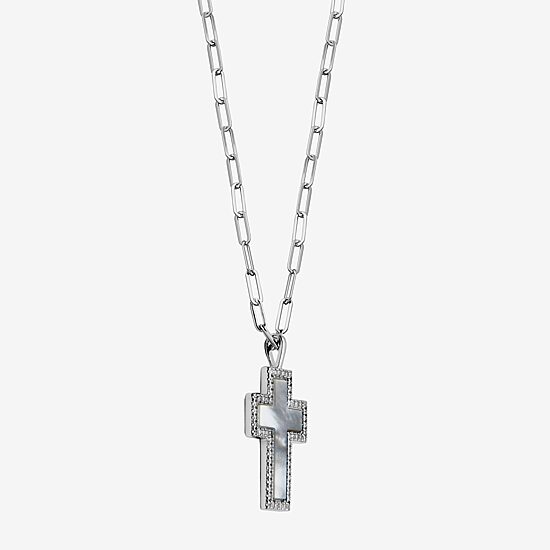 Womens 1 1/8 CT. T.W. White Mother Of Pearl Sterling Silver Cross 17 Inch Pendant Necklace