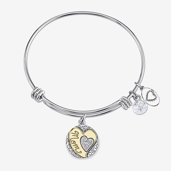 Footnotes Mom Womens Crystal Stainless Steel Heart Bangle Bracelet