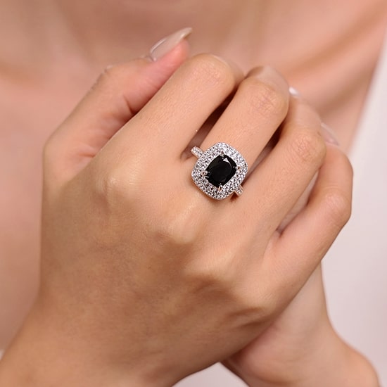 Womens Genuine Black Onyx Sterling Silver Cushion Halo Cocktail Ring