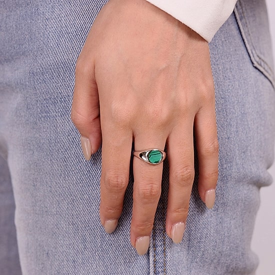 Womens Genuine Green Malachite Sterling Silver Round Cocktail Ring