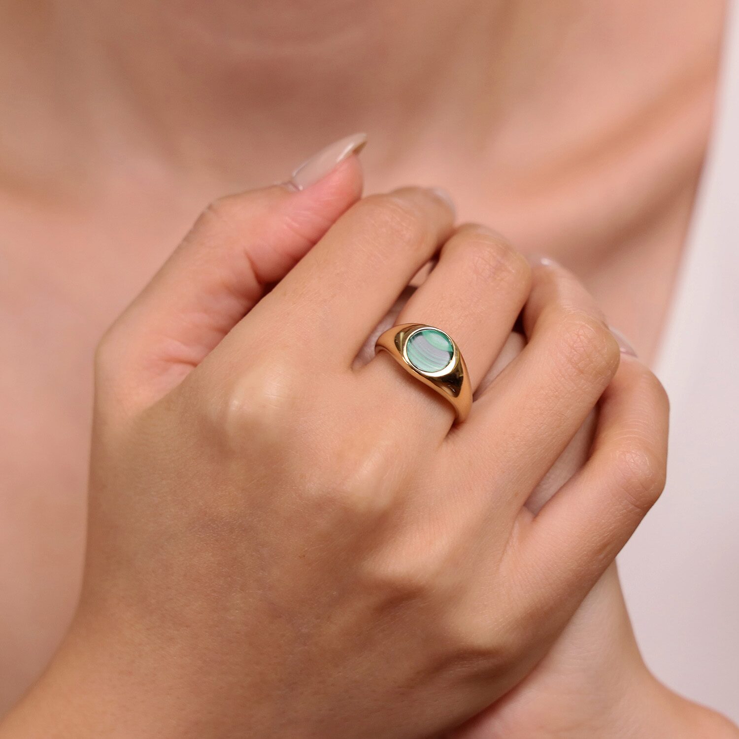 Womens Genuine Green Malachite Sterling Silver Round Cocktail Ring