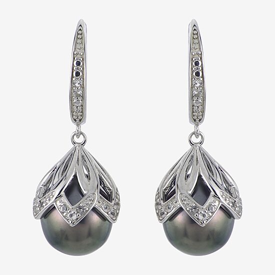 Womens Gray Cultured Tahitian Pearl Sterling Silver Drop Earrings