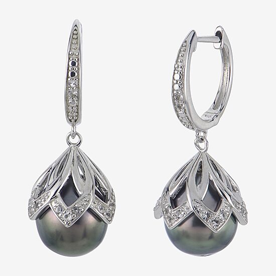 Womens Gray Cultured Tahitian Pearl Sterling Silver Drop Earrings