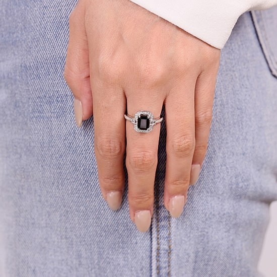 Womens Genuine Black Onyx Sterling Silver Halo Cocktail Ring