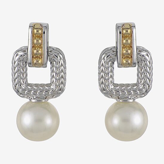 Womens White Cultured Freshwater Pearl 14K Two Tone Gold Over Silver Drop Earrings