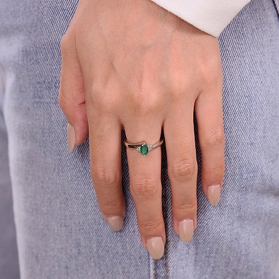Genuine Emerald and Diamond-Accent Sterling Silver Oval Ring