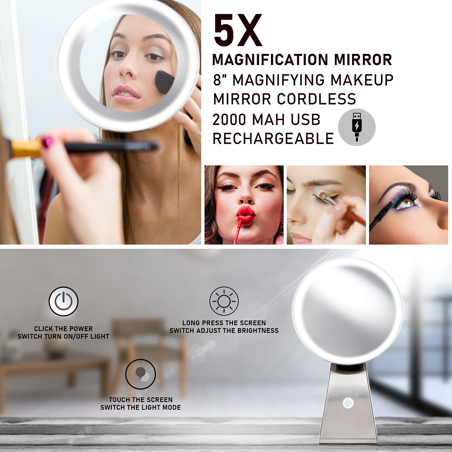 NuBrilliance Cordless 8'' Diameter 5X Rechargeable Magnification Mirror