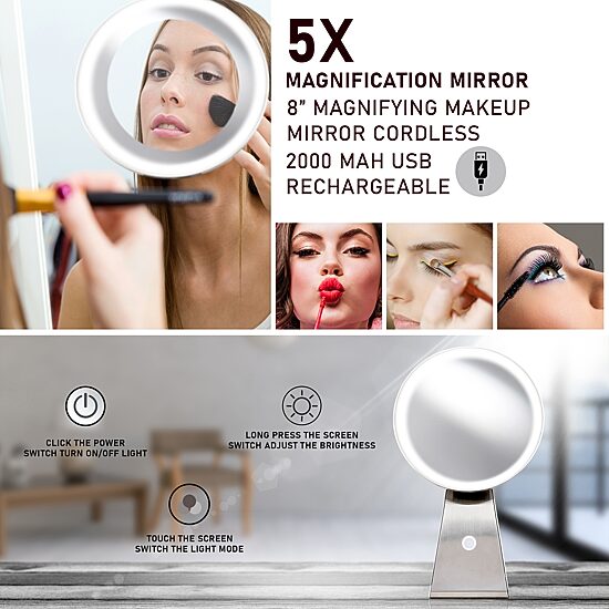 NuBrilliance Cordless 8'' Diameter 5X Rechargeable Magnification Mirror