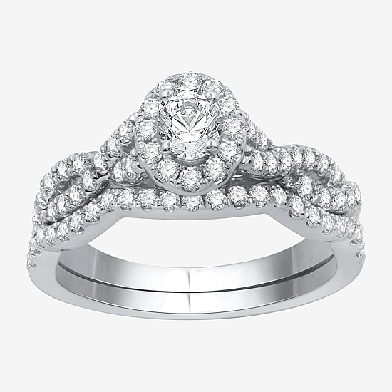 I Said Yes (H-I / I1) Womens 1 CT. T.W. Lab Grown White Diamond Sterling Silver or 14K Gold Over Silver Oval Side Stone Halo Bridal Set