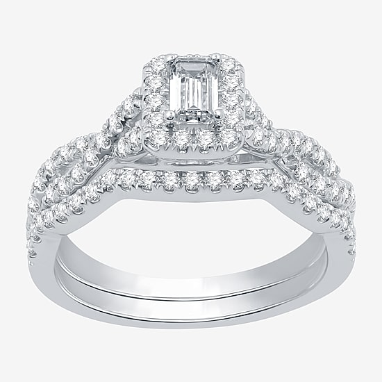 I Said Yes (H-I / I1) Womens 1 CT. T.W. Lab Grown White Diamond Sterling Silver or 14K Gold Over Silver Side Stone Halo Bridal Set