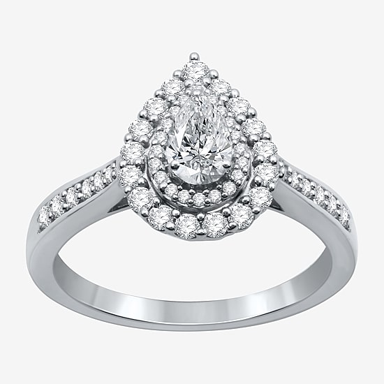 I Said Yes (H-I / I1) Womens 3/4 CT. T.W. Lab Grown White Diamond Sterling Silver or 14K Gold Over Silver Pear Side Stone Halo Engagement Ring