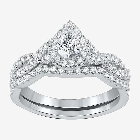 I Said Yes (H-I / I1) Womens 1 CT. T.W. Lab Grown White Diamond Sterling Silver or 14K Gold Over Silver Pear Side Stone Halo Bridal Set