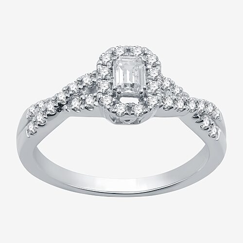 I Said Yes (H-I / I1) Womens 1/2 CT. T.W. Lab Grown White Diamond Sterling Silver or 14K Gold Over Silver Side Stone Halo Engagement Ring, 9, Sterling