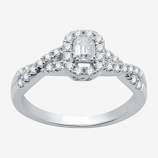 I Said Yes (H-I / I1) Womens 1/2 CT. T.W. Lab Grown White Diamond Sterling Silver or 14K Gold Over Silver Side Stone Halo Engagement Ring