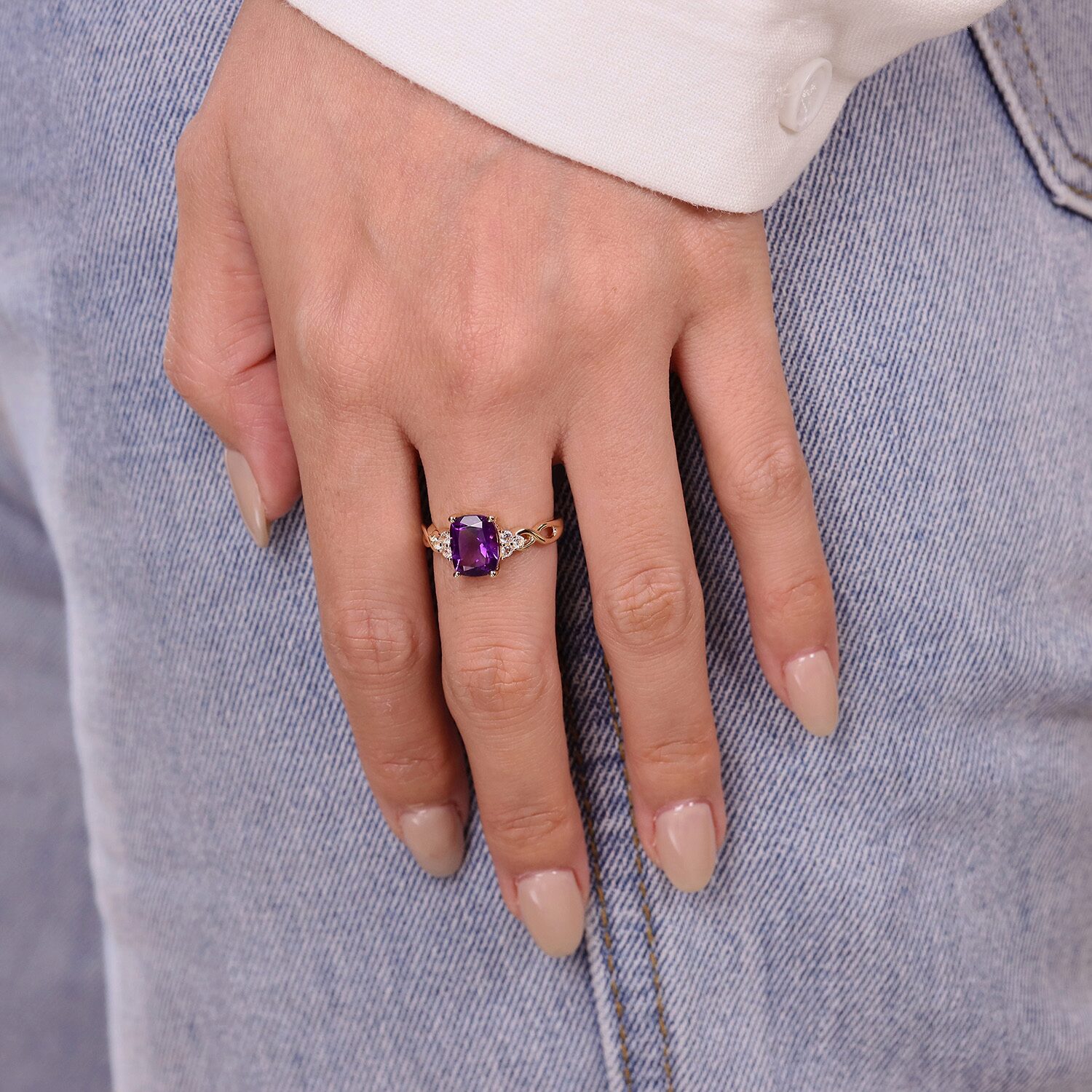 Womens Genuine Purple Amethyst 10K Gold Cocktail Ring