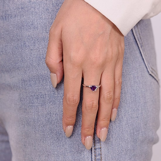 Genuine Amethyst and White Topaz Sterling Silver Heart-Shaped Ring