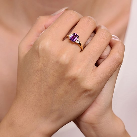 Womens Genuine Purple Amethyst 18K Gold Over Silver 3-Stone Cocktail Ring