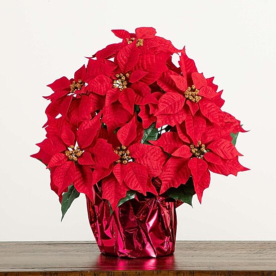 Nearly Natural 19in Artificial Lush Poinsettia In Red Wrapped Planter Artificial Flowers