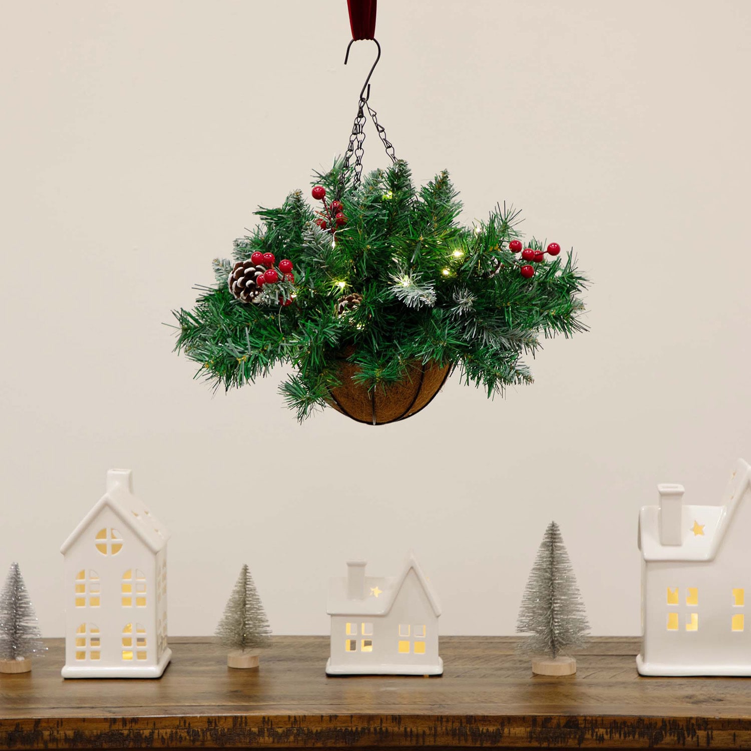Nearly Natural 16in Pre-Lit Artificial Pine And Berry Hanging Basket With White Led Lights Artificial Plant