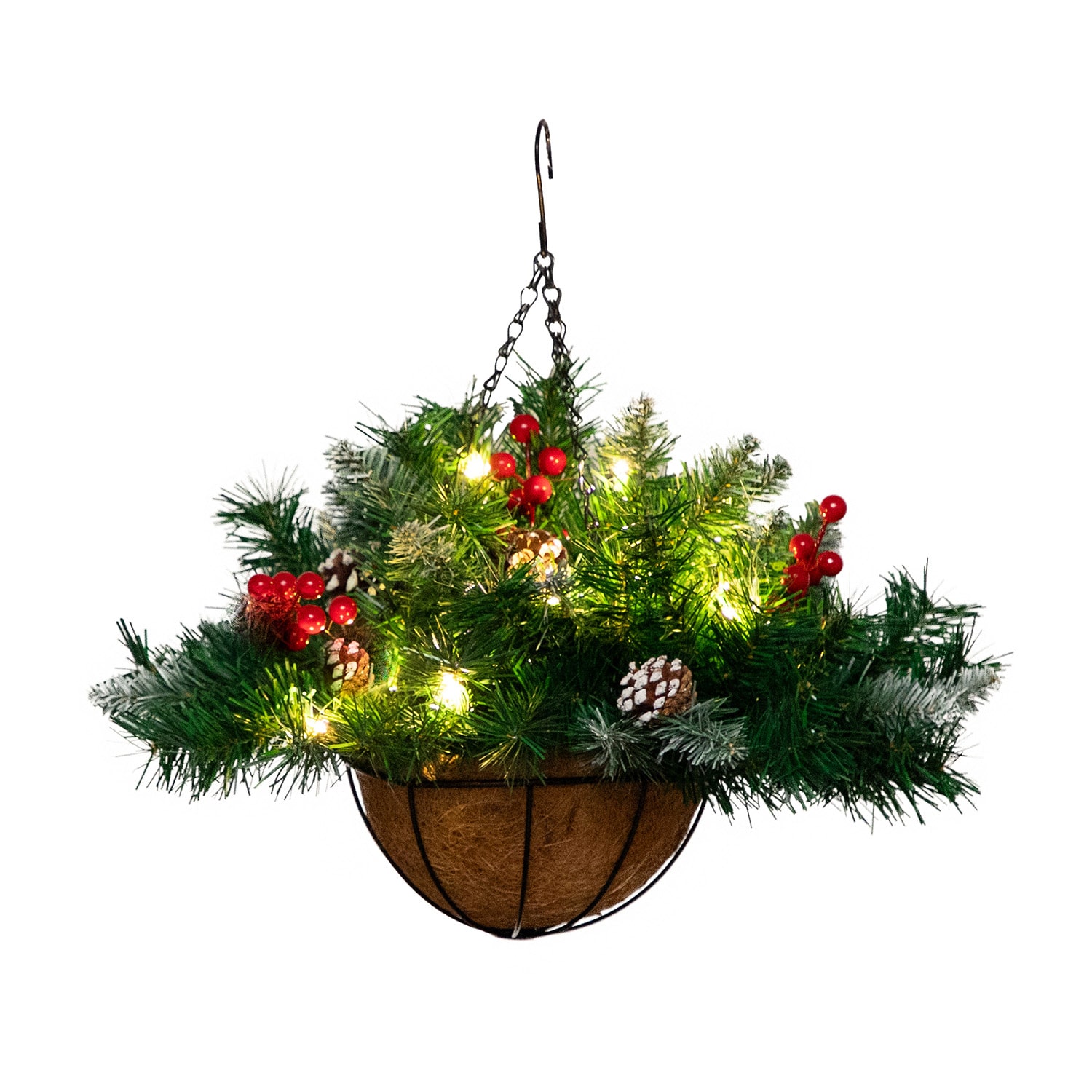 Nearly Natural 16in Pre-Lit Artificial Pine And Berry Hanging Basket With White Led Lights Artificial Plant