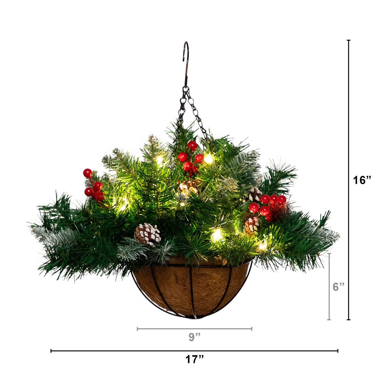 Nearly Natural 16in Pre-Lit Artificial Pine And Berry Hanging Basket With White Led Lights Artificial Plant