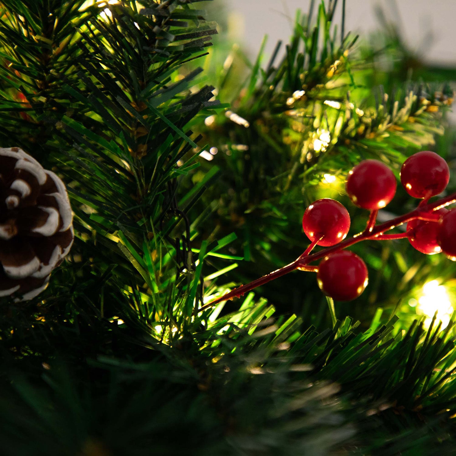 Nearly Natural 16in Pre-Lit Artificial Pine And Berry Hanging Basket With White Led Lights Artificial Plant