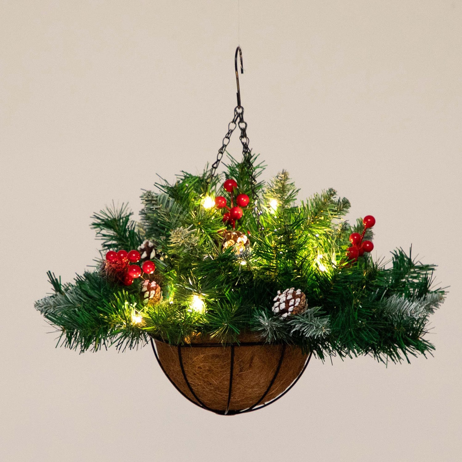 Nearly Natural 16in Pre-Lit Artificial Pine And Berry Hanging Basket With White Led Lights Artificial Plant