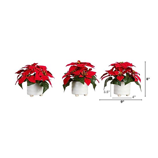 Nearly Natural 3-pc. 9in Artificial Poinsettia In White Ceramic Pots Artificial Plant