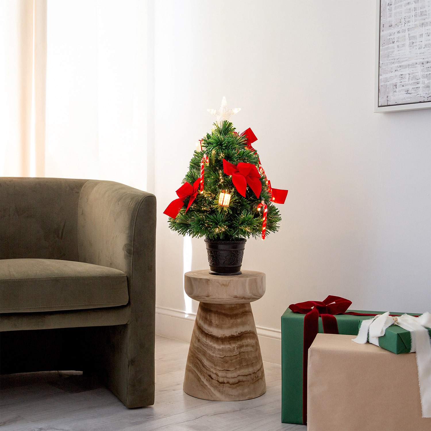 Nearly Natural 24in Pre-Lit Fiber Optic Classic Star Topped With Decorative Planter 2 Foot Pre-Lit Potted Fir Christmas Tree