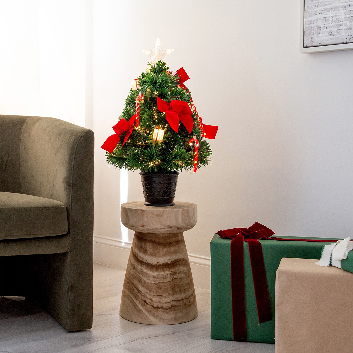 Nearly Natural 24in Pre-Lit Fiber Optic Classic Star Topped With Decorative Planter 2 Foot Pre-Lit Potted Fir Christmas Tree