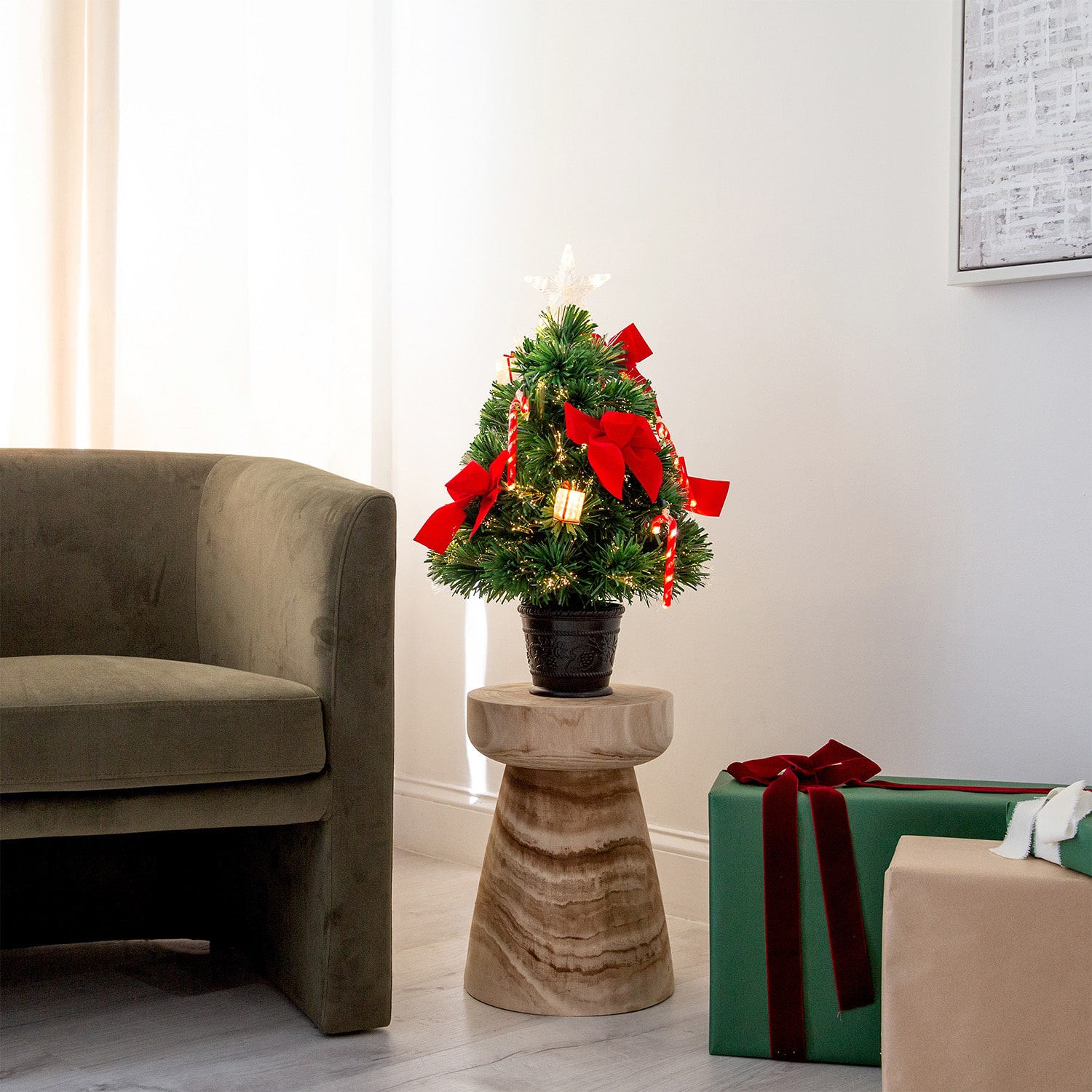 Nearly Natural 24in Pre-Lit Fiber Optic Classic Star Topped With Decorative Planter 2 Foot Pre-Lit Potted Fir Christmas Tree
