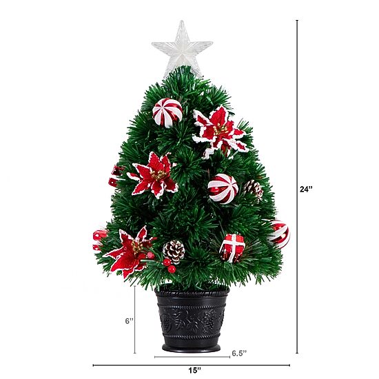 Nearly Natural Pre-Lit Fiber Optic Ornaments Poinsettia And Star Topper 2 Foot Pre-Lit Potted Fir Christmas Tree