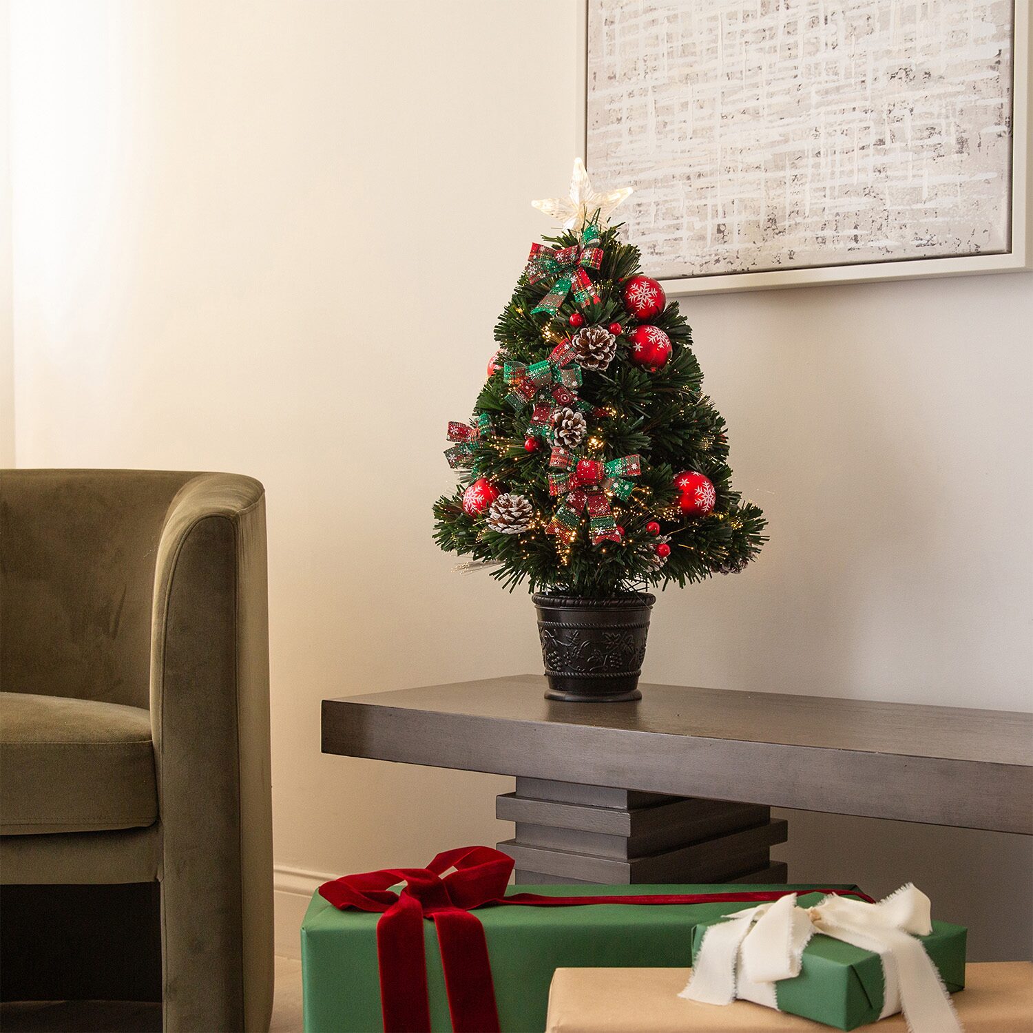Nearly Natural Pre-Lit Fiber Optic Cosmopolitan Star Topped Artificial  With Decorative Planter 2 Foot Pre-Lit Potted Fir Christmas Tree