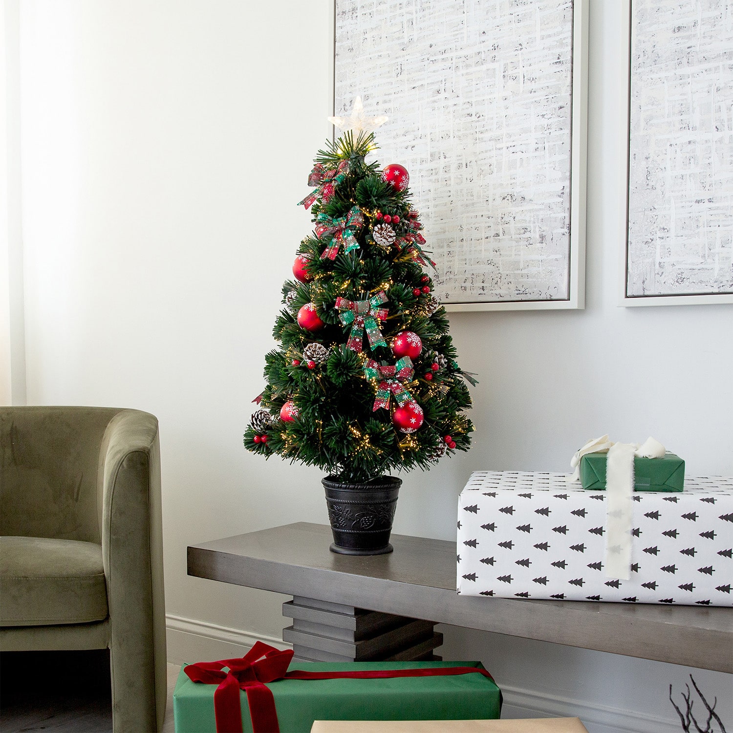 Nearly Natural 36in Pre-Lit Fiber Optic Cosmopolitan Star Topped Artificial  With Decorative Planter 3 Foot Pre-Lit Potted Fir Christmas Tree