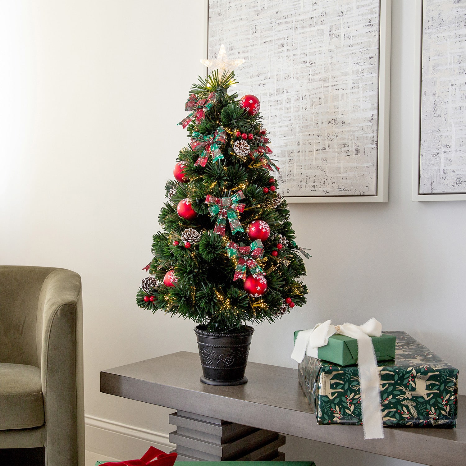 Nearly Natural 36in Pre-Lit Fiber Optic Cosmopolitan Star Topped Artificial  With Decorative Planter 3 Foot Pre-Lit Potted Fir Christmas Tree
