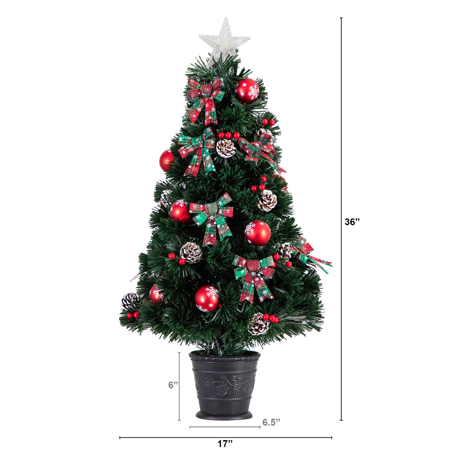 Nearly Natural 36in Pre-Lit Fiber Optic Cosmopolitan Star Topped Artificial  With Decorative Planter 3 Foot Pre-Lit Potted Fir Christmas Tree