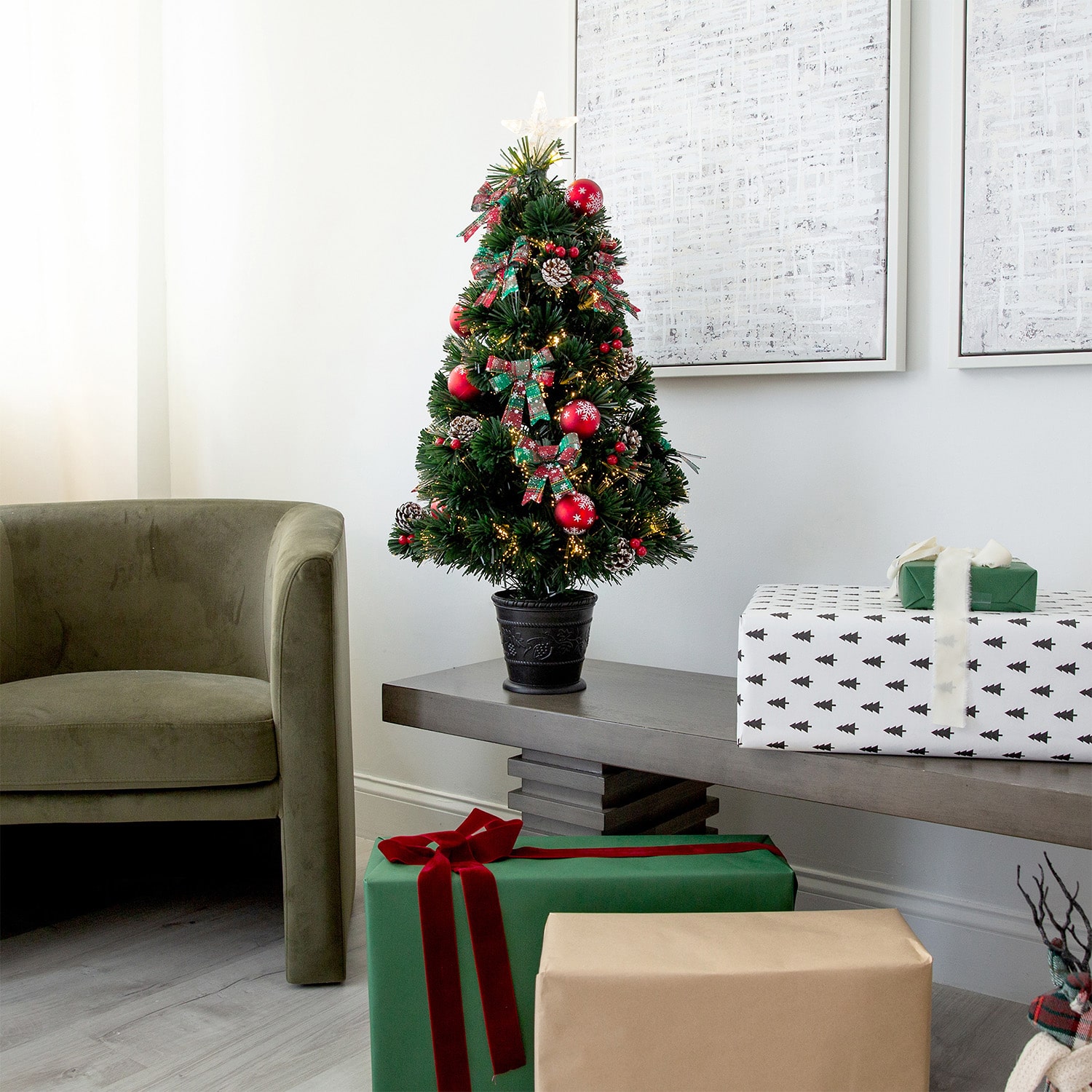 Nearly Natural 36in Pre-Lit Fiber Optic Cosmopolitan Star Topped Artificial  With Decorative Planter 3 Foot Pre-Lit Potted Fir Christmas Tree
