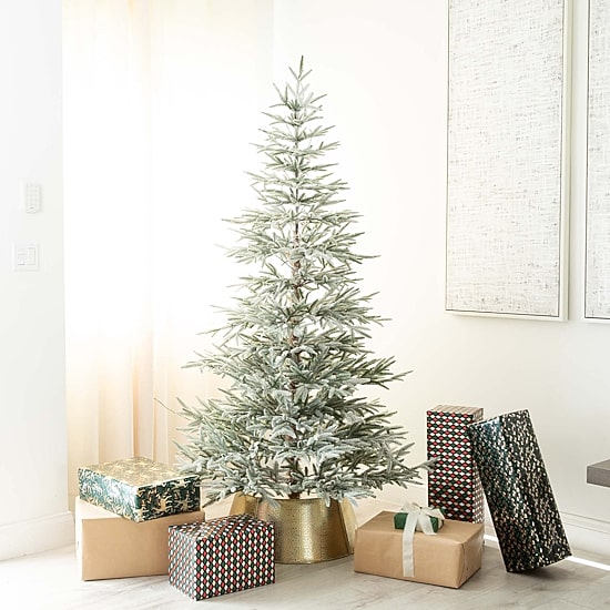 Nearly Natural Pre-Lit Artificial Flocked Woodland Fir  With 200 Warm White Led Lights 7 Foot Pre-Lit Flocked Fir Christmas Tree