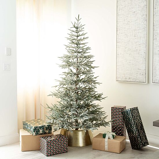 Nearly Natural Pre-Lit Artificial Flocked Woodland Fir  With 200 Warm White Led Lights 7 Foot Pre-Lit Flocked Fir Christmas Tree